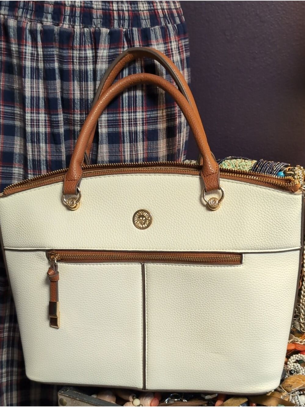 Pebble Cream & Camel Handbag By Anne Klein